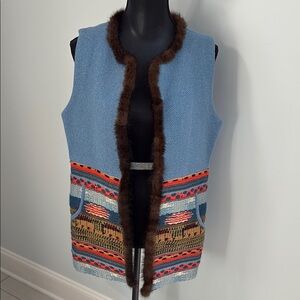 Vilagallo Wool Blend Colorful Blue and Brown Women's Vest with Patterned Design
